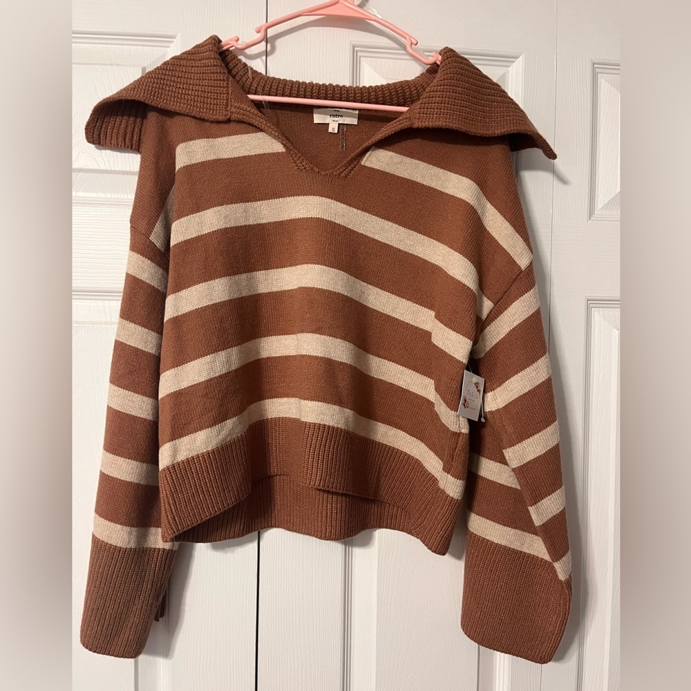 sweater, NWT, brown color with tan stripes, bell sleeves, hits at waist